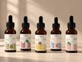 Corporate Design für die Selfcare-Marke Grinsekatzen – fünf CBD-Tropfflaschen mit individuellen Illustrationen, farbigen Etiketten und markanter Typografie.