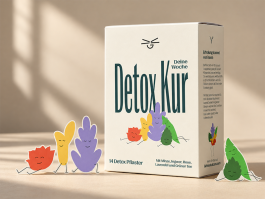 Corporate Design für die Selfcare-Marke Grinsekatzen – Detox-Kur-Verpackung mit charaktervollen Illustrationen und markanter Typografie.