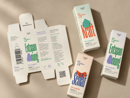 Corporate Design für die Selfcare-Marke Grinsekatzen mit Verpackungen für Kraft, Schlaf und Entspannung sowie aufgefalteter Faltschachtel mit individuellen Illustrationen und Typografie.