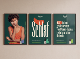 Markenentwicklung für eine Selfcare-Marke am Beispiel Grinsekatzen – drei Werbeplakate mit dunkelgrünem Corporate Design, markanter Typografie und individuellen Illustrationen.