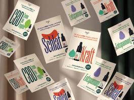 Markenentwicklung für eine Selfcare-Marke am Beispiel Grinsekatzen – schwebende Werbeflyer für CBD-Produkte mit markanter Typografie, individuellen Illustrationen und einheitlichem Corporate Design.
